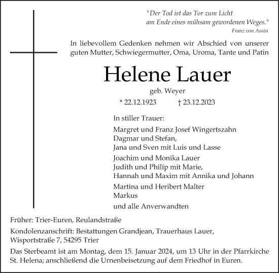 Todesanzeige von Helene Lauer von trierischer_volksfreund
