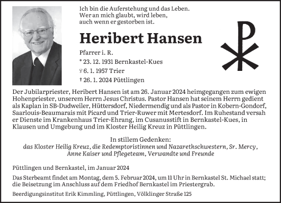 Todesanzeige von Heribert Hansen von trierischer_volksfreund