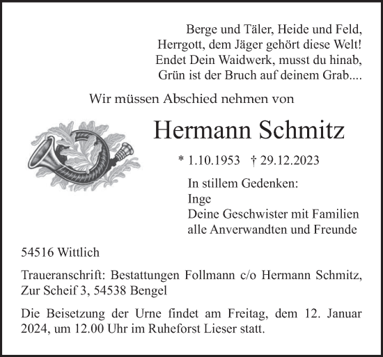 Todesanzeige von Hermann Schmitz von trierischer_volksfreund