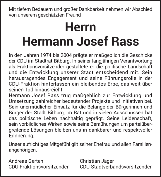 Todesanzeige von Hermann Josef Rass von trierischer_volksfreund