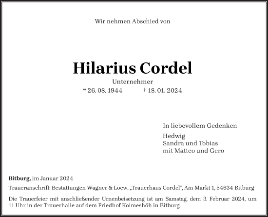 Todesanzeige von Hilarius Cordel von trierischer_volksfreund