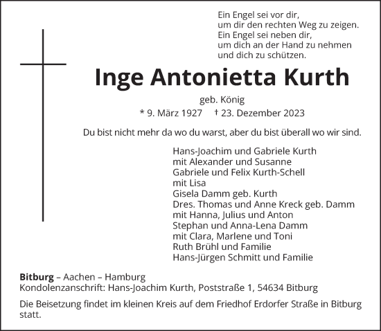 Todesanzeige von Inge Antonietta Kurth von trierischer_volksfreund