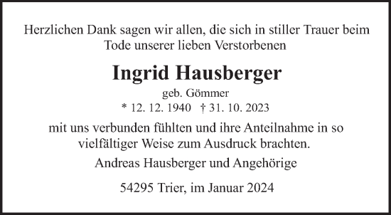Todesanzeige von Ingrid Hausberger von trierischer_volksfreund