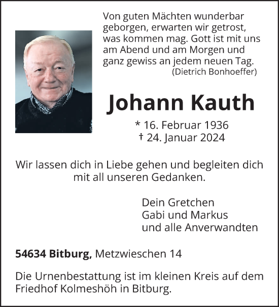 Todesanzeige von Johann Kauth von trierischer_volksfreund