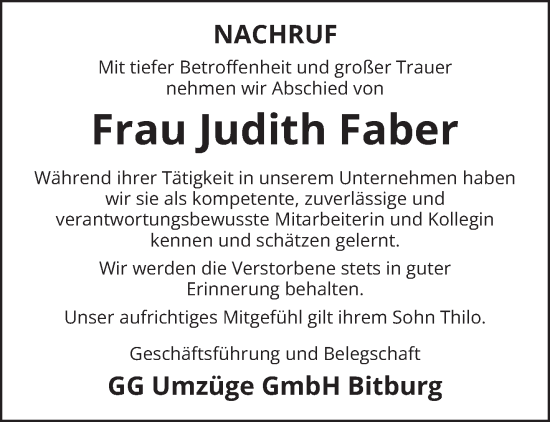 Todesanzeige von Judith Faber von trierischer_volksfreund