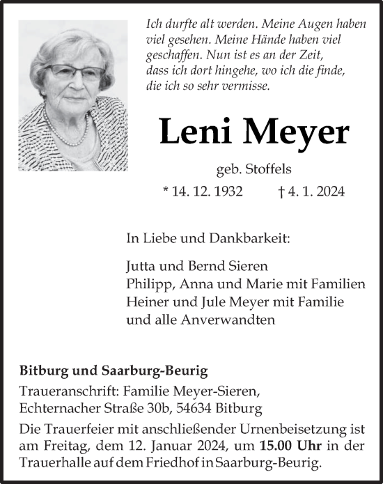 Todesanzeige von Leni Meyer von trierischer_volksfreund
