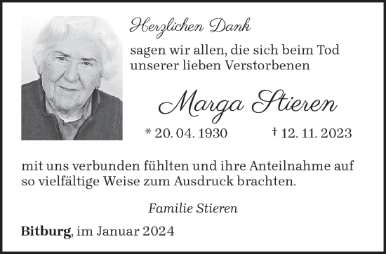 Todesanzeige von Marga Stieren von trierischer_volksfreund