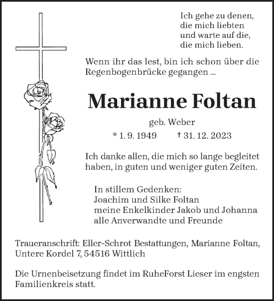 Todesanzeige von Marianne Foltan von trierischer_volksfreund