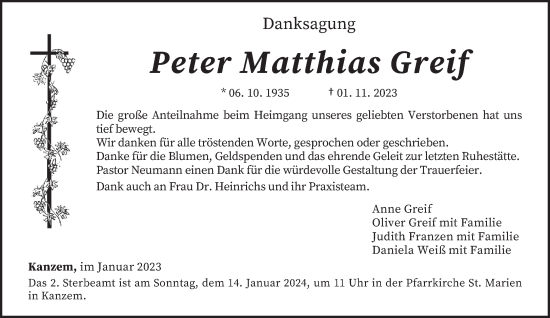 Todesanzeige von Peter Matthias Greif von trierischer_volksfreund