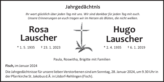 Todesanzeige von Rosa und Hugo Lauscher von trierischer_volksfreund