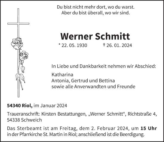 Todesanzeige von Werner Schmitt von trierischer_volksfreund