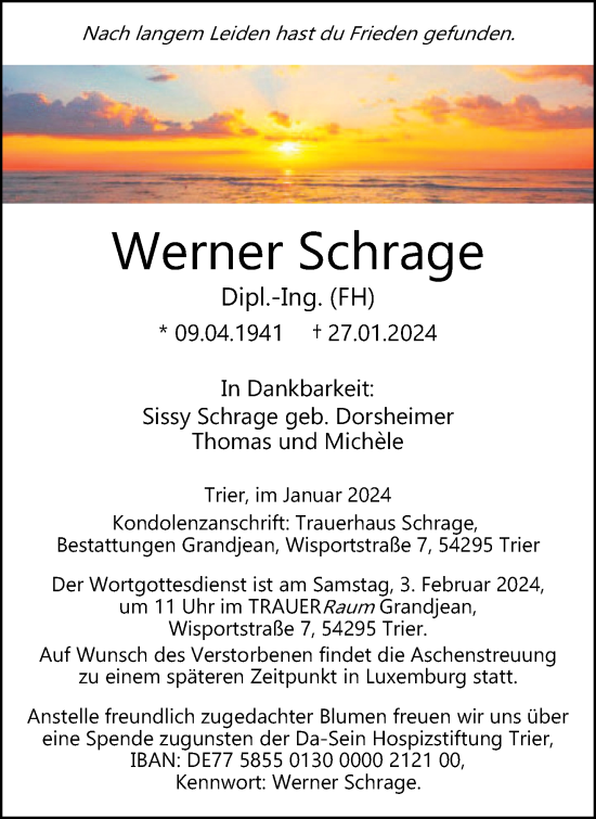 Todesanzeige von Werner Schrage von trierischer_volksfreund