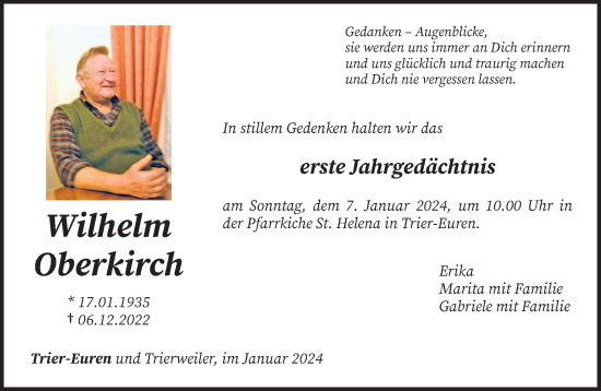Todesanzeige von Wilhelm Oberkirch von trierischer_volksfreund