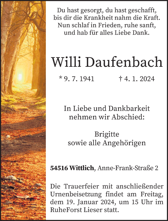 Todesanzeige von Willi Daufenbach von trierischer_volksfreund