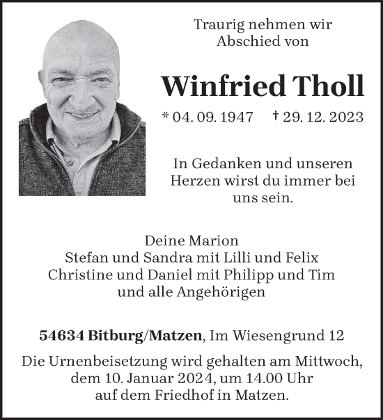 Todesanzeige von Winfried Tholl von trierischer_volksfreund
