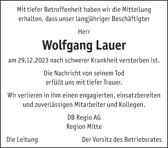 Todesanzeige von Wolfgang Lauer von trierischer_volksfreund