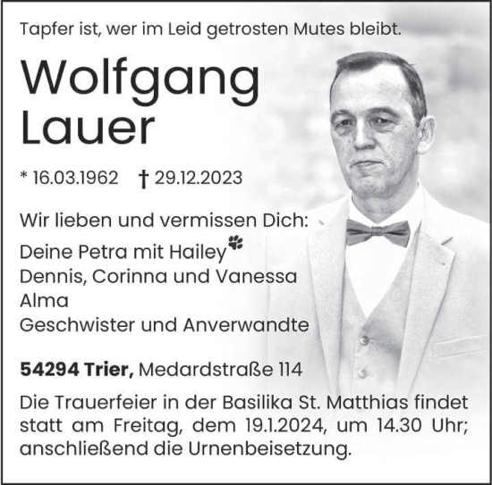 Todesanzeige von Wolfgang Lauer von trierischer_volksfreund