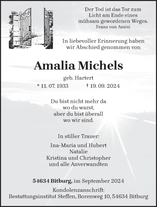 Todesanzeige von Amalie Michels von trierischer_volksfreund