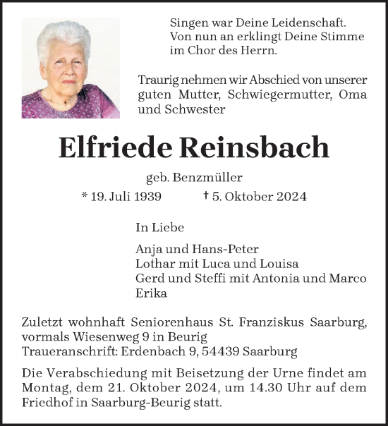 Todesanzeige von Elfriede Reinsbach von trierischer_volksfreund