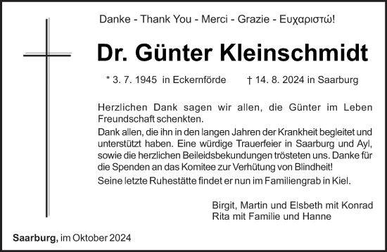 Todesanzeige von Günter Kleinschmidt von trierischer_volksfreund