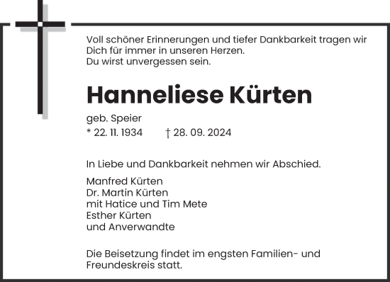 Todesanzeige von Hanneliese Kürten von trierischer_volksfreund