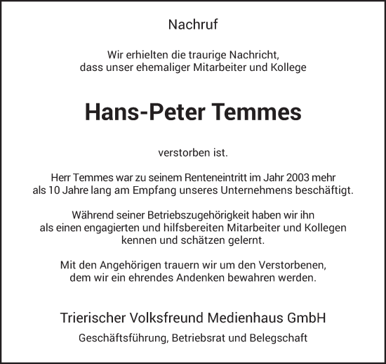 Todesanzeige von Hans-Peter Temmes von trierischer_volksfreund