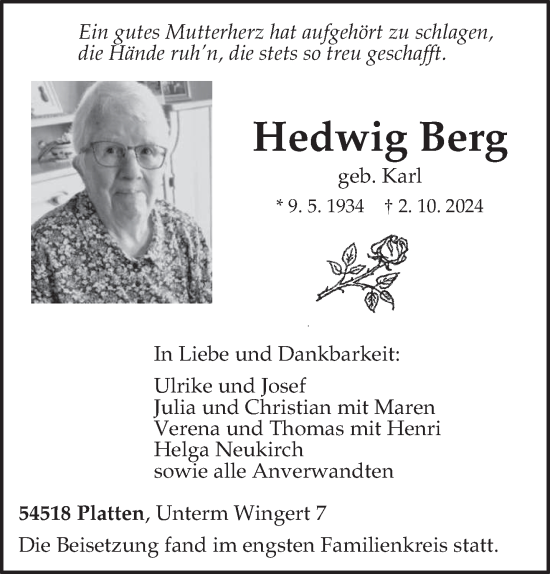 Todesanzeige von Hedwig Berg von trierischer_volksfreund