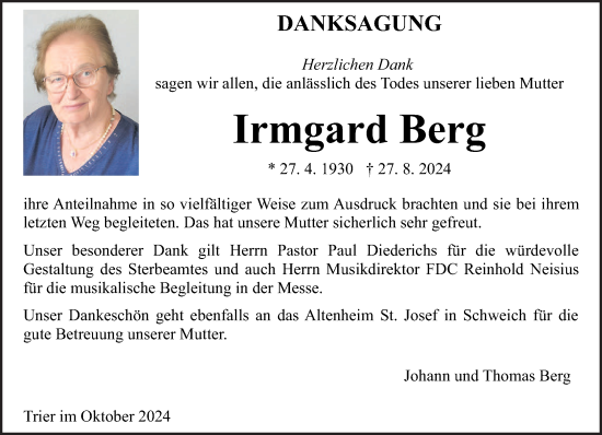 Todesanzeige von Irmgard Berg von trierischer_volksfreund