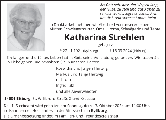 Todesanzeige von Katharina Strehlen von trierischer_volksfreund
