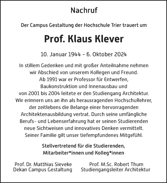 Todesanzeige von Klaus Klever von trierischer_volksfreund