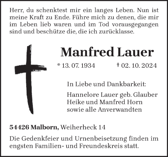 Todesanzeige von Manfred Lauer von trierischer_volksfreund