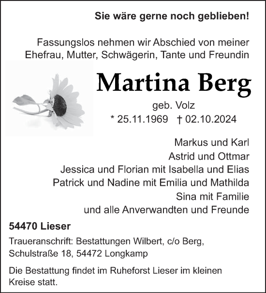 Todesanzeige von Martina Berg von trierischer_volksfreund