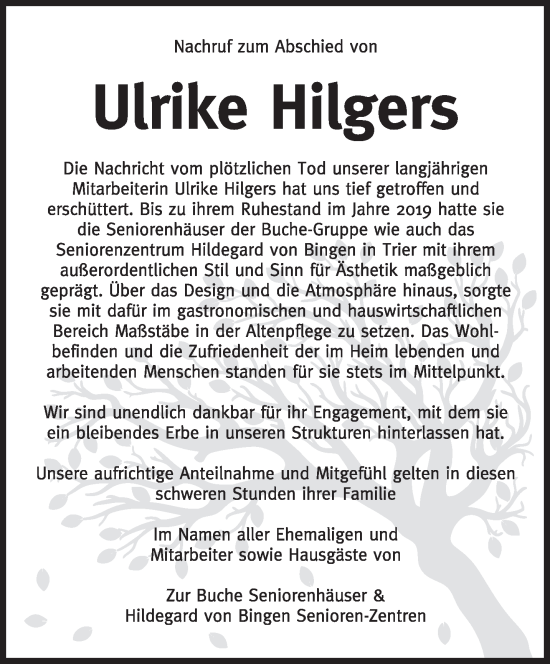 Todesanzeige von Ulrike Hilgers von trierischer_volksfreund
