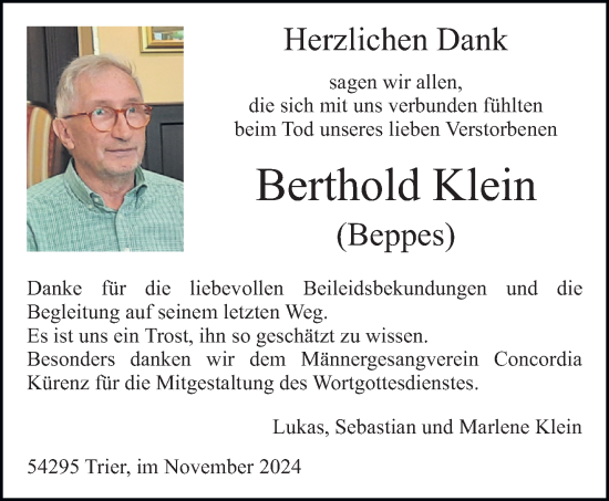 Todesanzeige von Berthold Klein von trierischer_volksfreund