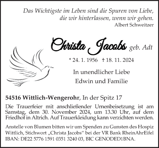 Todesanzeige von Christa Jacobs von trierischer_volksfreund