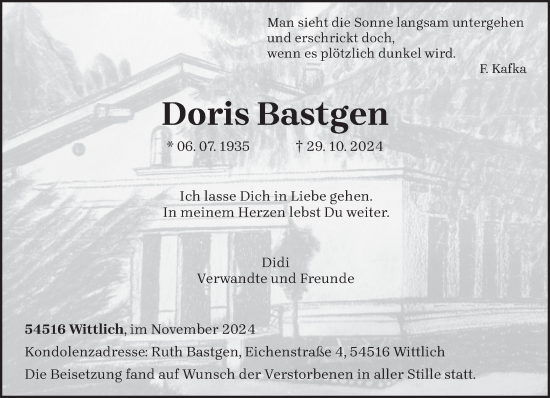 Todesanzeige von Doris Bastgen von trierischer_volksfreund