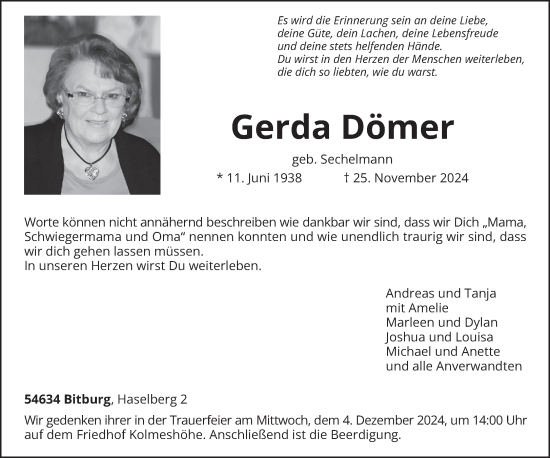 Todesanzeige von Gerda Dömer von trierischer_volksfreund