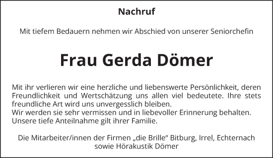 Todesanzeige von Gerda Dömer von trierischer_volksfreund
