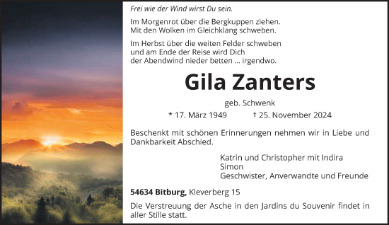 Todesanzeige von Gila Zanters von trierischer_volksfreund