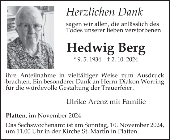 Todesanzeige von Hedwig Berg von trierischer_volksfreund