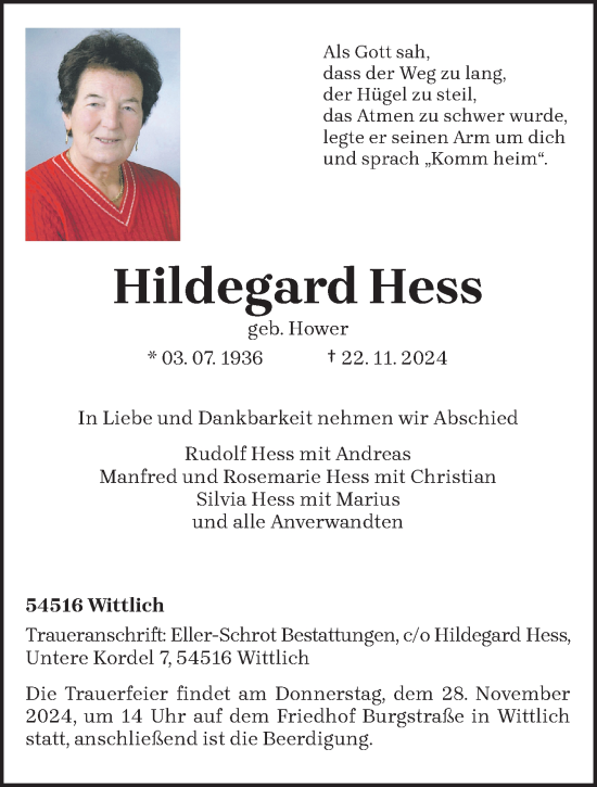 Todesanzeige von Hildegard Hess von trierischer_volksfreund