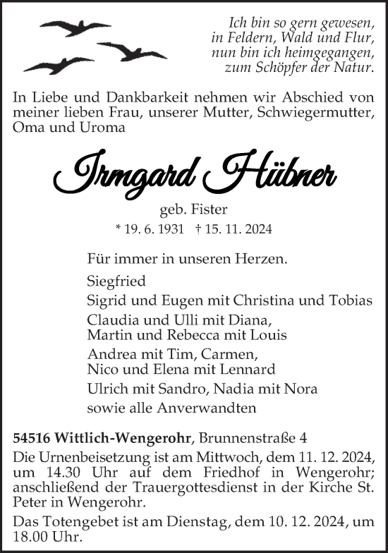 Todesanzeige von Irmgard Hübner von trierischer_volksfreund