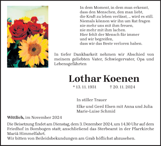 Todesanzeige von Lothar Koenen von trierischer_volksfreund