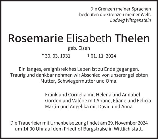 Todesanzeige von Rosemarie Elisabeth Thelen von trierischer_volksfreund