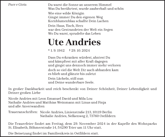 Todesanzeige von Ute Andries von trierischer_volksfreund