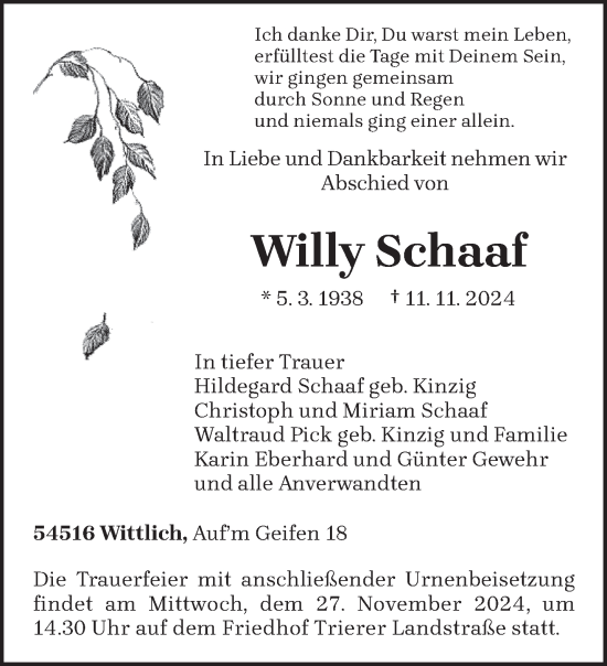 Todesanzeige von Willy Schaaf von trierischer_volksfreund