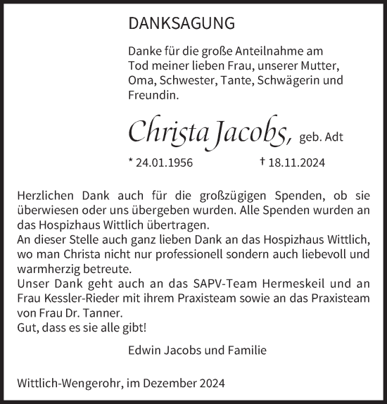 Todesanzeige von Christa Jacobs von trierischer_volksfreund