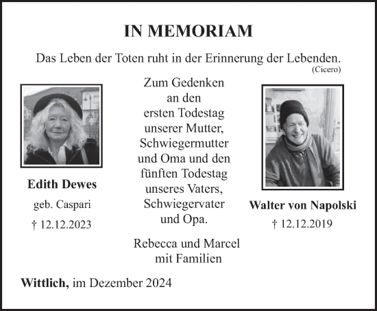 Todesanzeige von Edith und Walter Dewes und von Napolski von trierischer_volksfreund