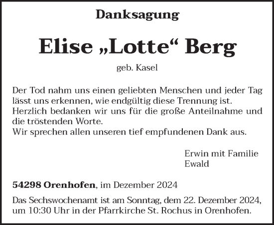 Todesanzeige von Elise  Berg von trierischer_volksfreund
