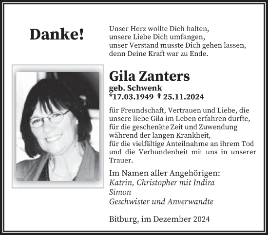 Todesanzeige von Gila Zanters von trierischer_volksfreund
